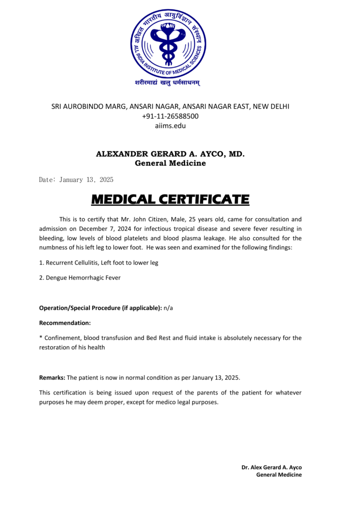 All India Institute Of Medical Sciences Delhi medical certificate template in Word and PDF formats All India Institute Of Medical Sciences Delhi medical certificate template in Word and PDF formats