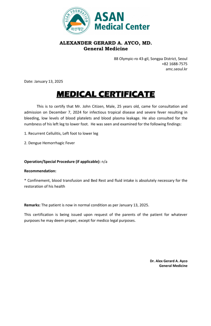 Asan Medical Center medical certificate template in Word and PDF formats Asan Medical Center medical certificate template in Word and PDF formats