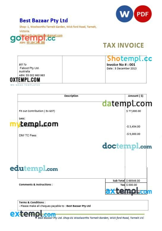 Australia Best Bazaar tax bill editable template in Word and PDF formats Australia Best Bazaar tax bill editable template in Word and PDF formats