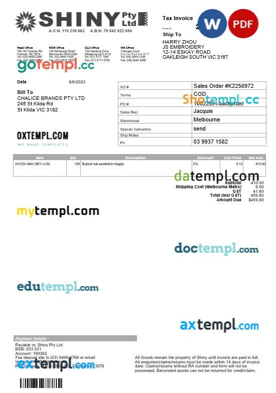 Australia Shiny tax invoice editable template in Word and PDF formats Australia Shiny tax invoice editable template in Word and PDF formats