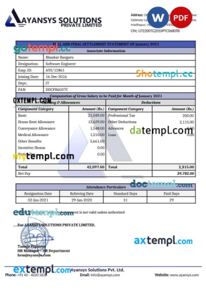 Ayansys Solutions software company payslip template in Word and PDF formats Ayansys Solutions software company payslip template in Word and PDF formats