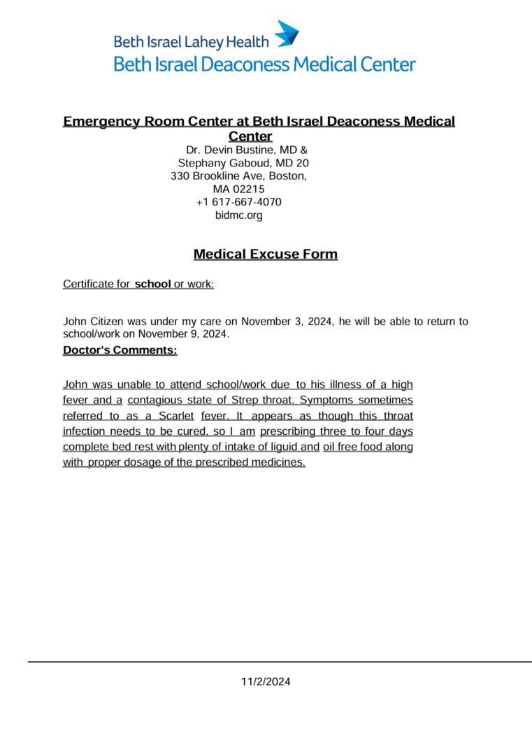 Beth Israel Deaconess Medical Center medical excuse template in Word and PDF formats Beth Israel Deaconess Medical Center medical excuse template in Word and PDF formats