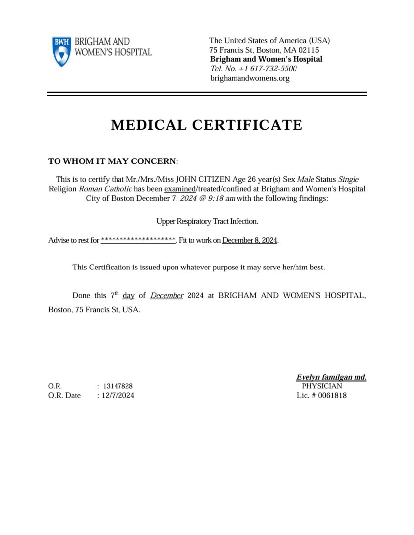 Brigham and Women’s Hospital medical certificate template in Word and PDF formats Brigham and Women's Hospital medical certificate template in Word and PDF formats