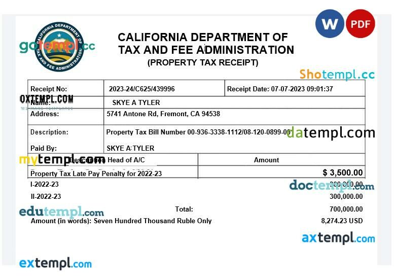California Department of Tax and Fee Administration property tax bill editable template in Word and PDF formats California Department of Tax and Fee Administration property tax bill editable template in Word and PDF formats