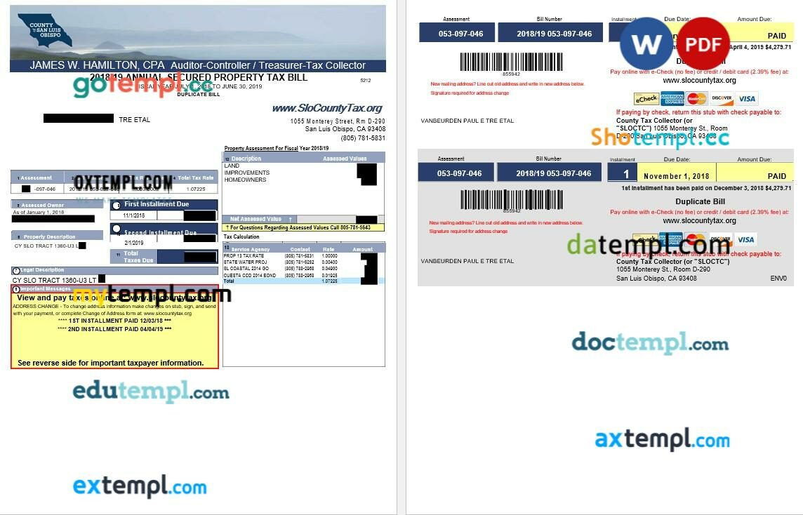 California SloCountyTax annual secured property tax bill editable template in Word and PDF formats California SloCountyTax annual secured property tax bill editable template in Word and PDF formats