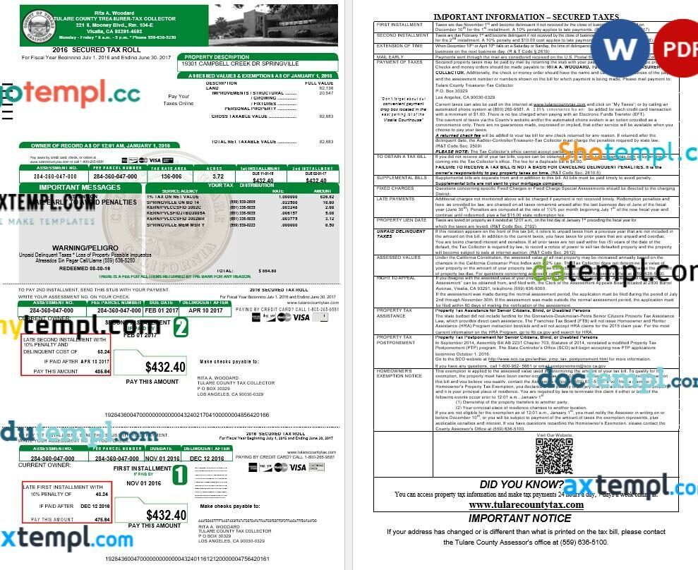 California Tulare County Treasurer tax roll editable template in Word and PDF formats California Tulare County Treasurer tax roll editable template in Word and PDF formats