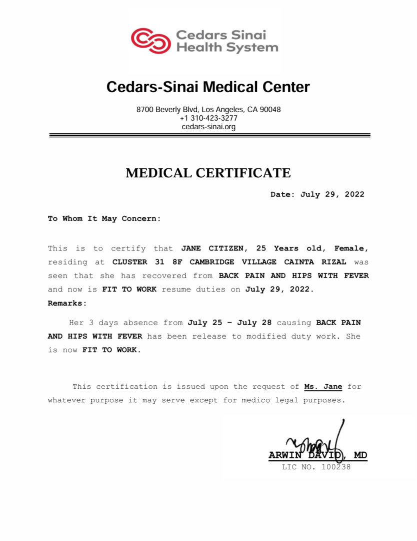 Cedars-Sinai Medical Center medical certificate template in Word and PDF formats Cedars-Sinai Medical Center medical certificate template in Word and PDF formats