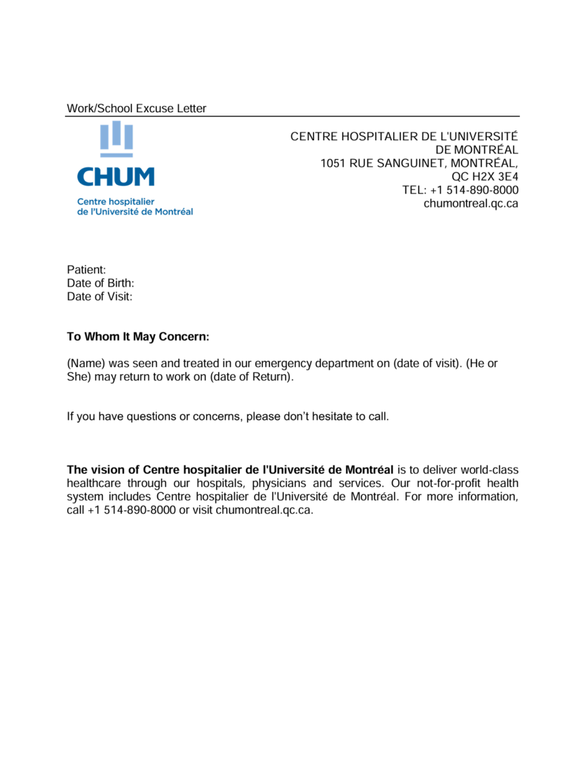 Centre hospitalier de l’Université de Montréal excuse letter template in Word and PDF formats Centre hospitalier de l'Université de Montréal excuse letter template in Word and PDF formats