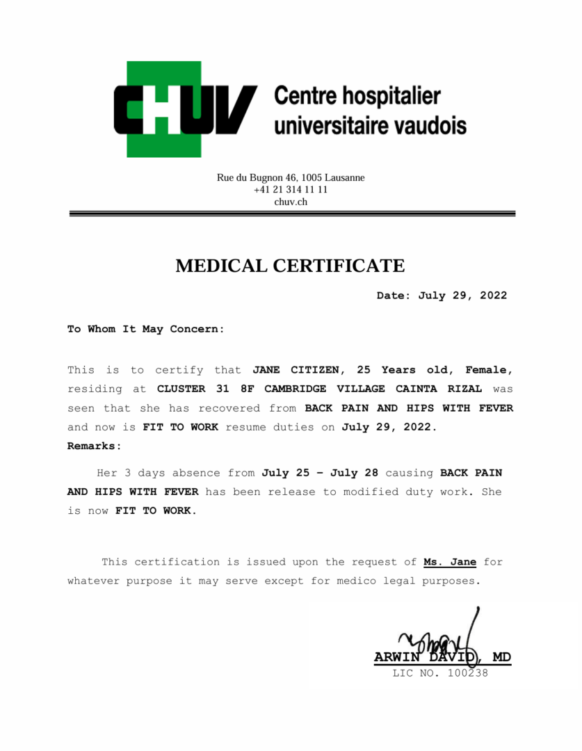 Centre hospitalier universitaire vaudois medical certificate template in Word and PDF formats Centre hospitalier universitaire vaudois medical certificate template in Word and PDF formats