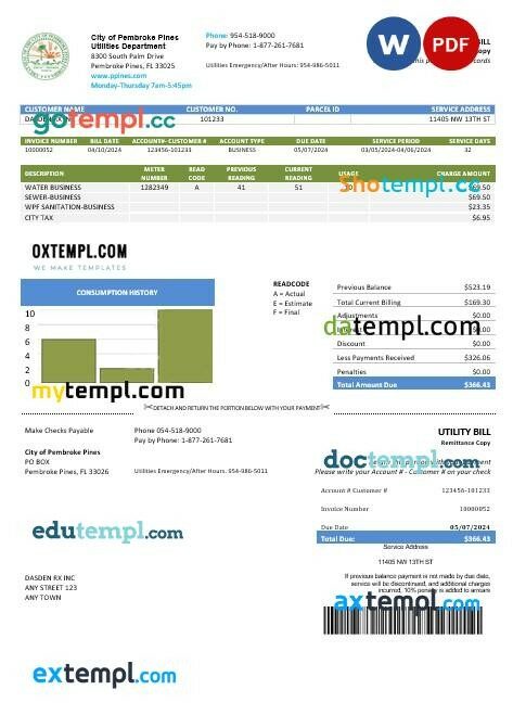 USA Florida City of Pembroke Pines Utilities Department business utility bill template in Word and PDF formats USA Florida City of Pembroke Pines Utilities Department business utility bill template in Word and PDF formats