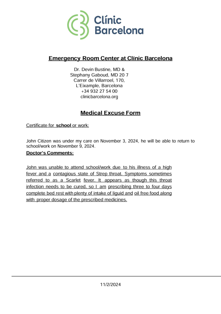 Clínic Barcelona medical excuse template in Word and PDF formats Clínic Barcelona medical excuse template in Word and PDF formats