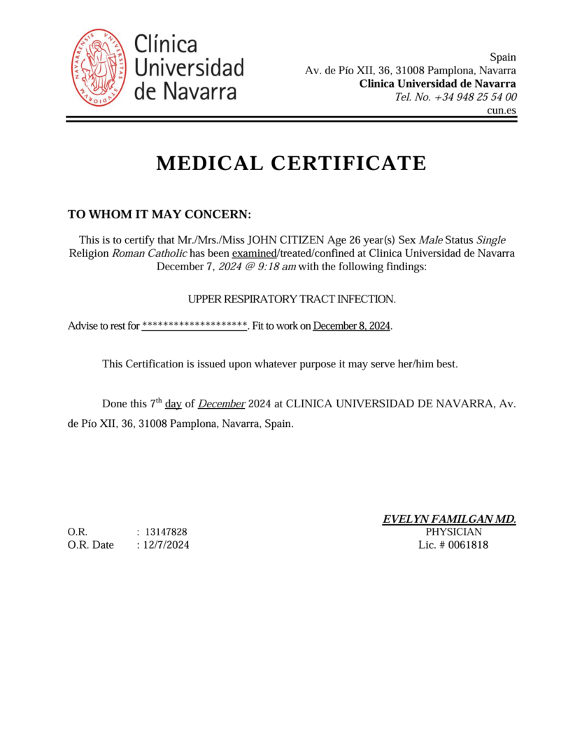 Clinica Universidad de Navarra medical certificate template in Word and PDF formats Clinica Universidad de Navarra medical certificate template in Word and PDF formats