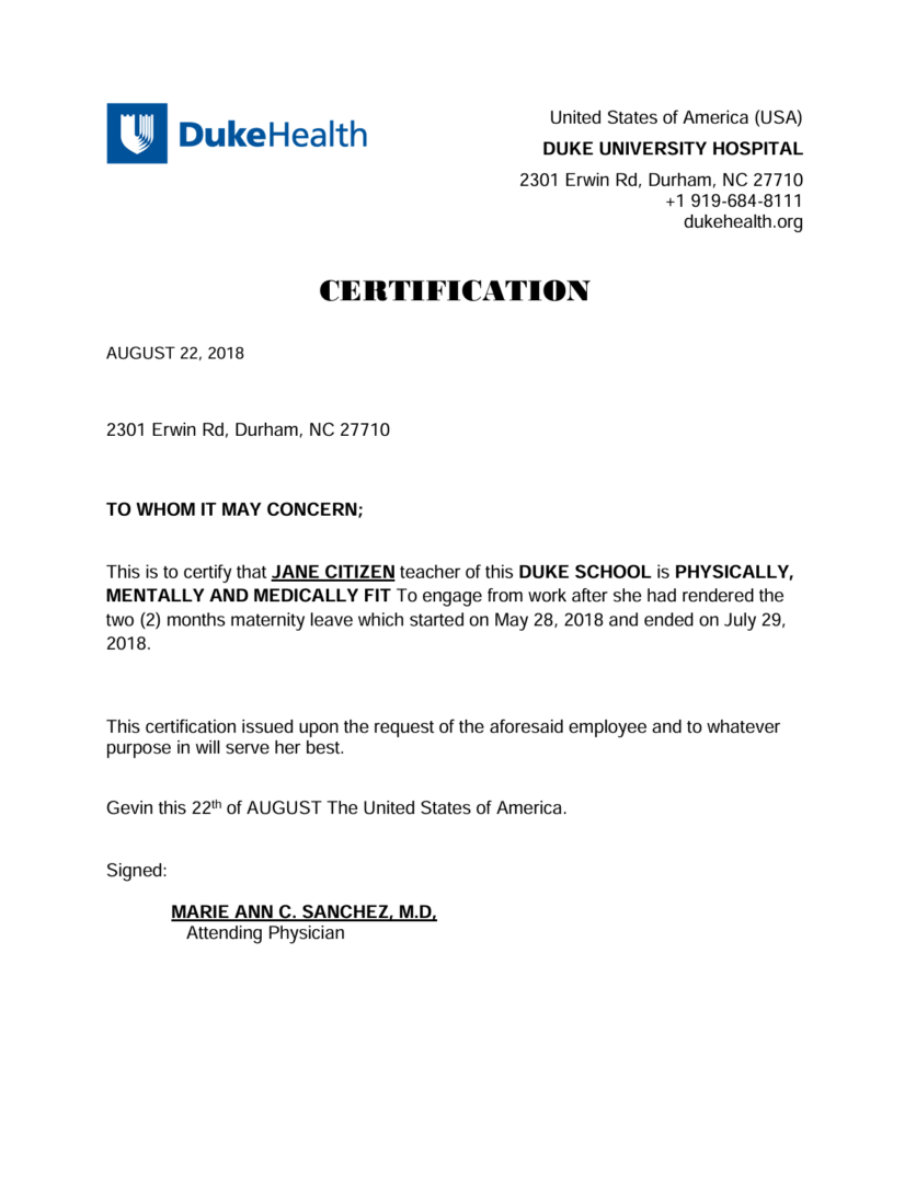 Duke University Hospital certification template in Word and PDF formats Duke University Hospital certification template in Word and PDF formats