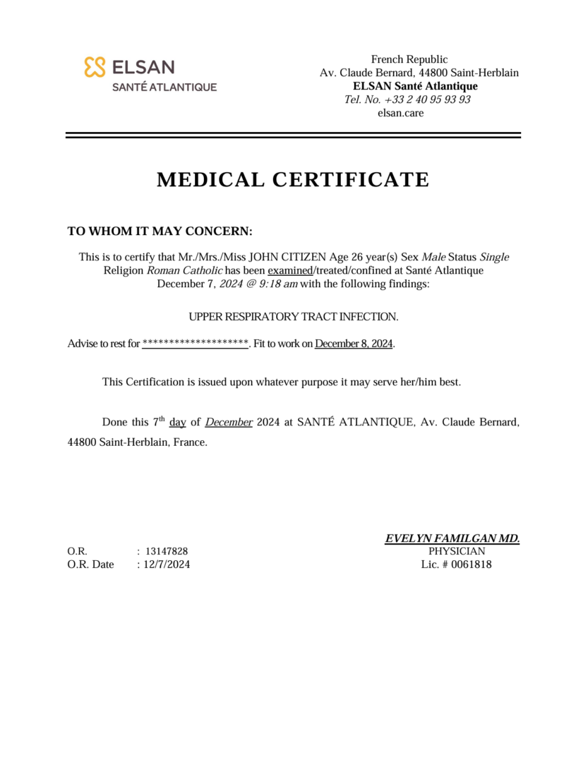 ELSAN Santé Atlantique medical certificate template in Word and PDF formats ELSAN Santé Atlantique medical certificate template in Word and PDF formats