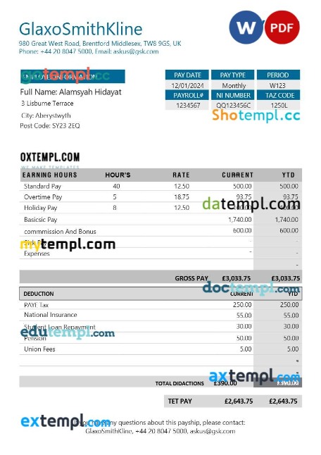 GlaxoSmithKline pharmaceutical company payslip template in Word and PDF formats GlaxoSmithKline pharmaceutical company payslip template in Word and PDF formats