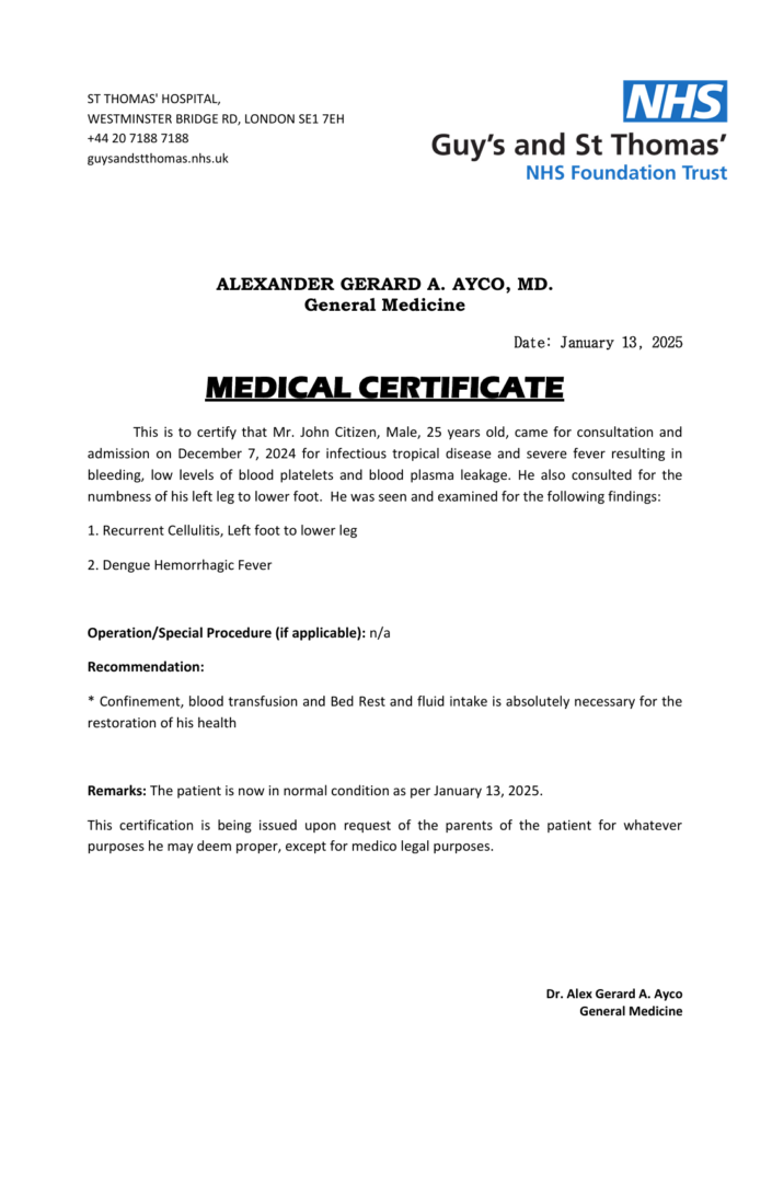 Guy’s Hospital medical certificate template in Word and PDF formats Guy's Hospital medical certificate template in Word and PDF formats