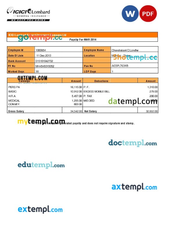 ICICI Lombard General Insurance Company payslip template in Word and PDF formats ICICI Lombard General Insurance Company payslip template in Word and PDF formats