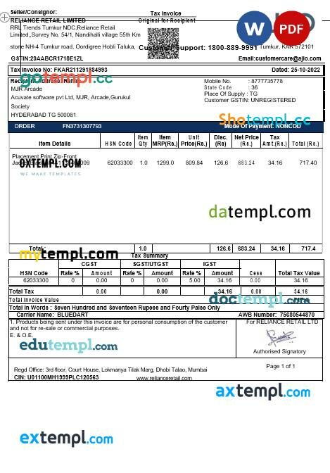 India Maharashtra AJIO tax invoice editable template in Word and PDF formats India Maharashtra AJIO tax invoice editable template in Word and PDF formats