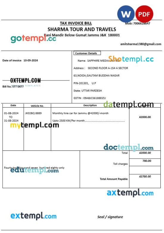 India Uttar Pradesh Sharma Tour and Travels tax invoice editable template in Word and PDF formats India Uttar Pradesh Sharma Tour and Travels tax invoice editable template in Word and PDF formats