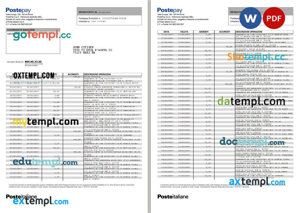 Italy Postepay Evolution (Poste Italiane) card statement Word and PDF template, 7 pages Italy Postepay Evolution (Poste Italiane) card statement Word and PDF template, 7 pages