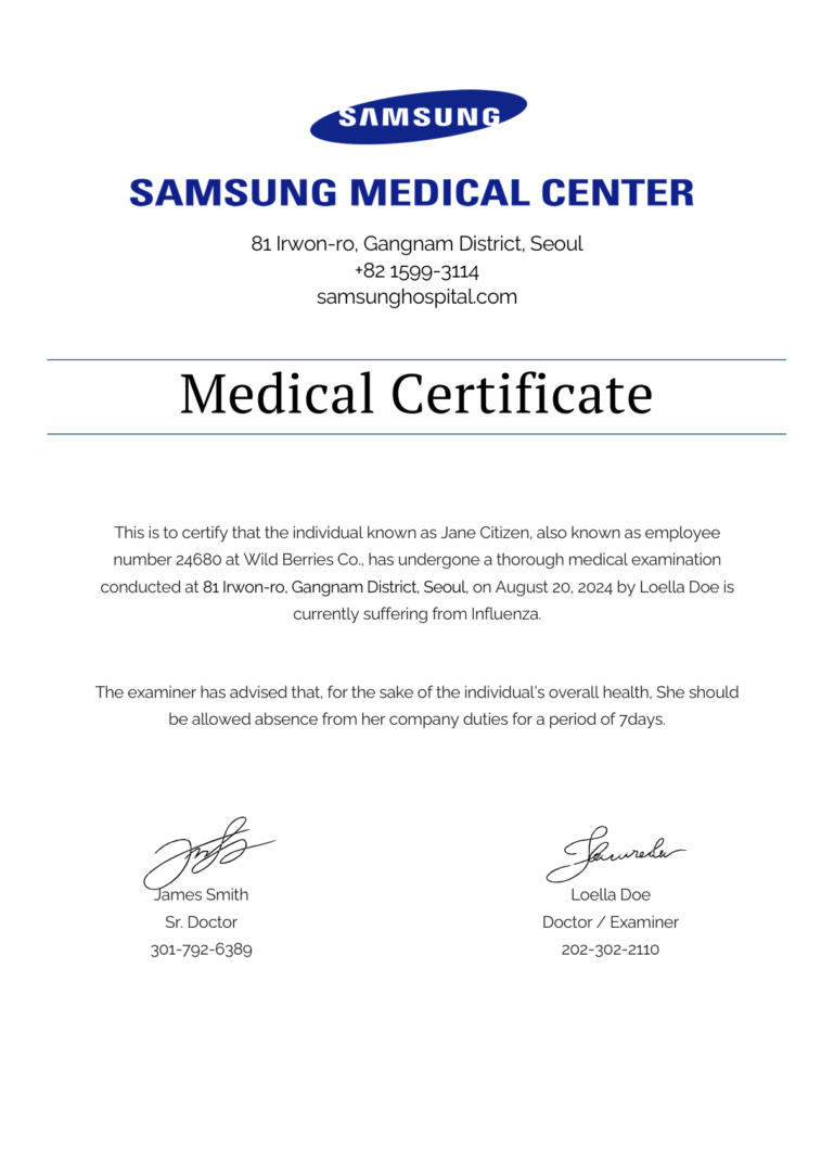 Samsung Medical Center medical certificate template in Word and PDF formats Samsung Medical Center medical certificate template in Word and PDF formats