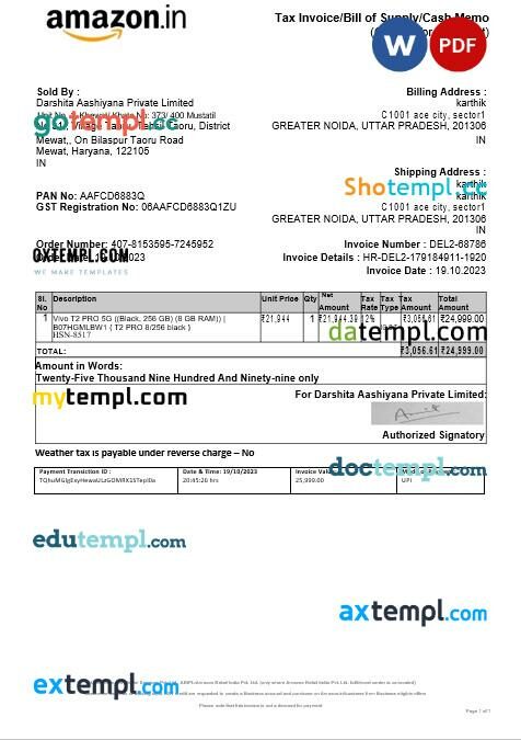 USA Amazon Seller Services tax invoice editable template in Word and PDF formats, version 2 USA Amazon Seller Services tax invoice editable template in Word and PDF formats, version 2