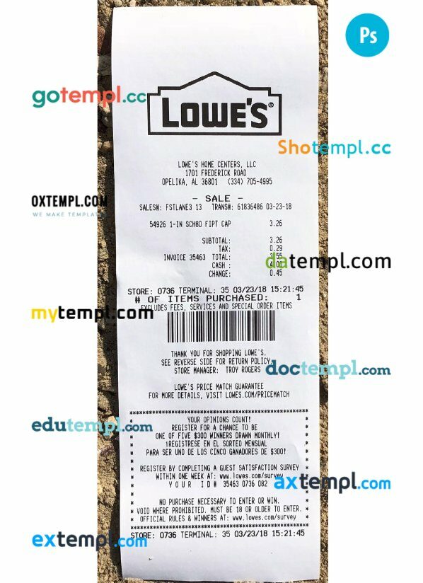 USA Lowe’s payment receipt receipt PSD template USA Lowe's payment receipt receipt PSD template
