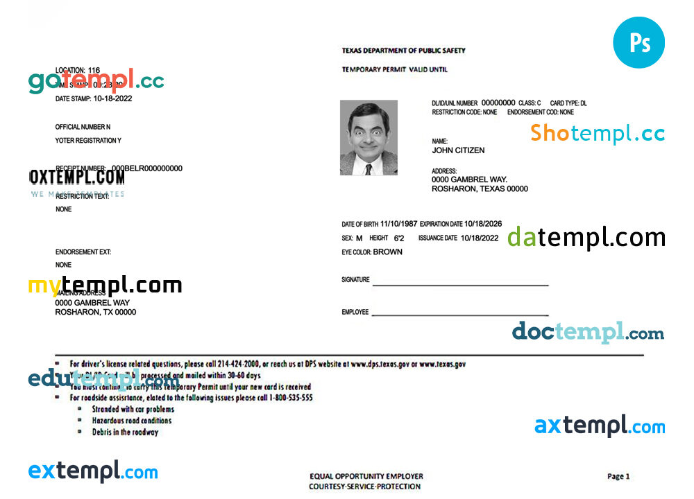 USA Texas driving license temporary permit example in PSD format USA Texas driving license temporary permit example in PSD format