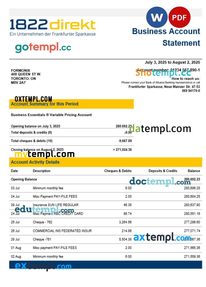 1822direkt bank enterprise account statement Word and PDF template 1822direkt bank enterprise account statement Word and PDF template