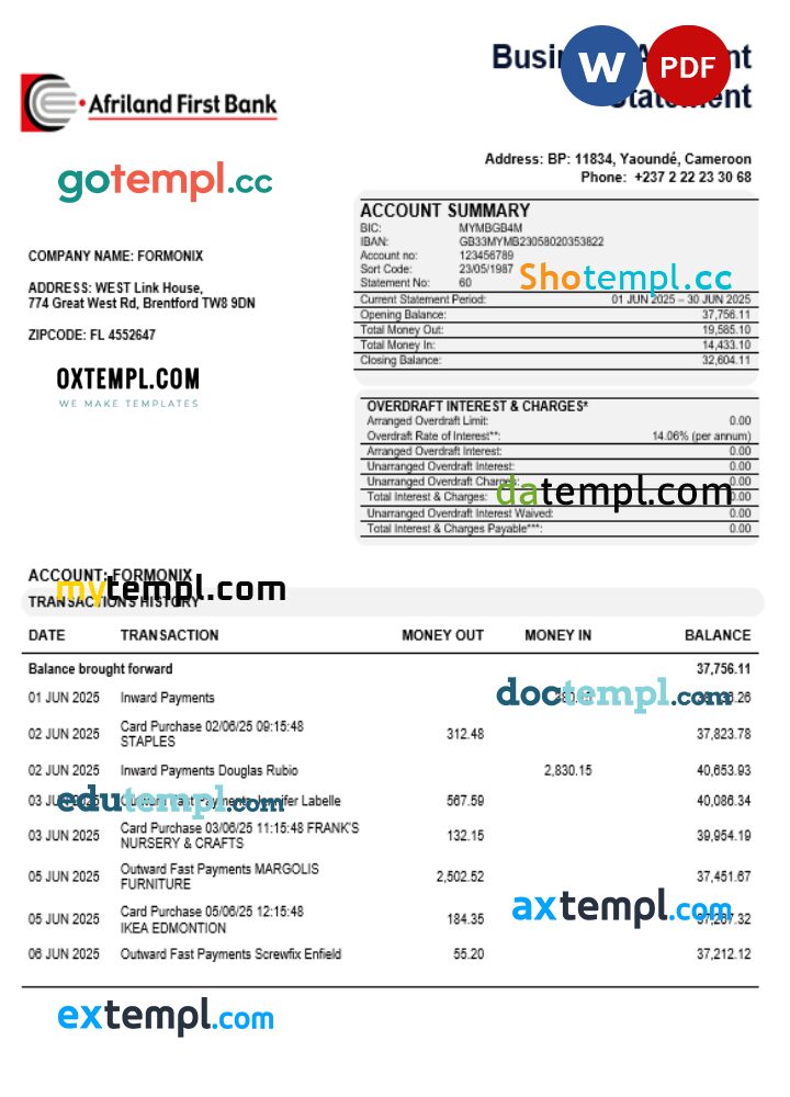 Afriland First organization checking account statement Word and PDF template Afriland First organization checking account statement Word and PDF template