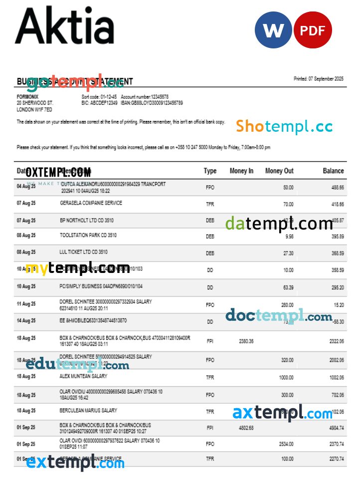 Aktia Bank business firm account statement Word snd PDF format Aktia Bank business firm account statement Word snd PDF format