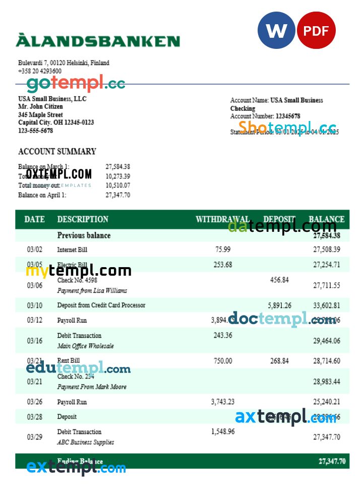 Aland bank firm account statement Word and PDF template Aland bank firm account statement Word and PDF template