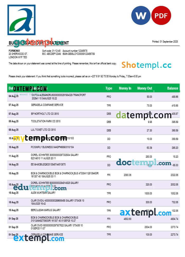 Atlantic company checking account statement Word and PDF template Atlantic company checking account statement Word and PDF template