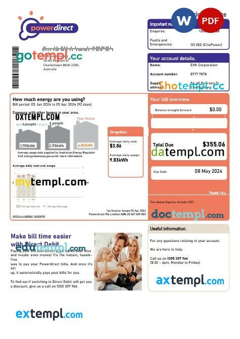 Australia Powerdirect electricity business utility bill template in Word and PDF format Australia Powerdirect electricity business utility bill template in Word and PDF format