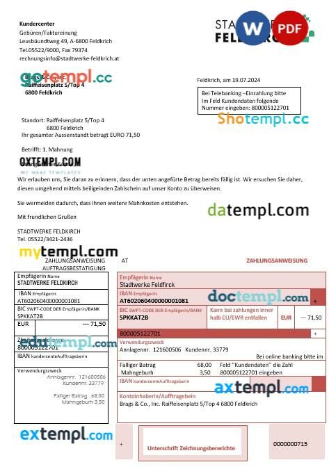Austria Stadtwerke Feldkirch business utility bill template in Word and PDF format Austria Stadtwerke Feldkirch business utility bill template in Word and PDF format
