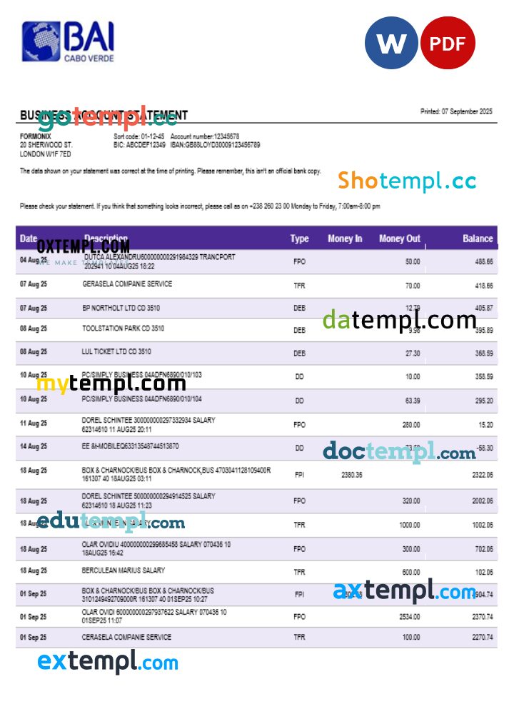 Banco Africano de Investimentos business bank statement Word and PDF format Banco Africano de Investimentos business bank statement Word and PDF format