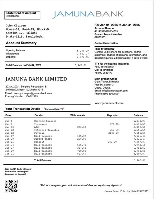 Bangladesh Jamuna Bank statement of account Word and PDF template Bangladesh Jamuna Bank statement of account Word and PDF template