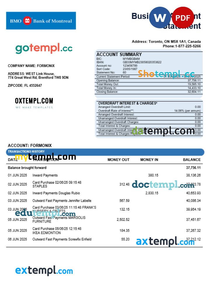 Bank of Montreal company statement Word and PDF format Bank of Montreal company statement Word and PDF format