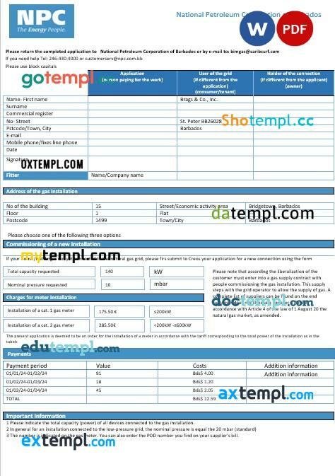Barbados National Petroleum Corporation of Barbados gas business utility bill template in Word and PDF format Barbados National Petroleum Corporation of Barbados gas business utility bill template in Word and PDF format