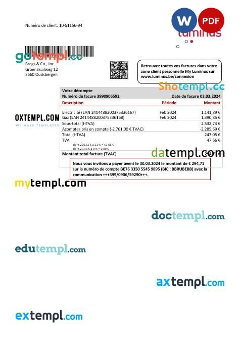 Belgium Luminus business utility bill template in Word and PDF format Belgium Luminus business utility bill template in Word and PDF format