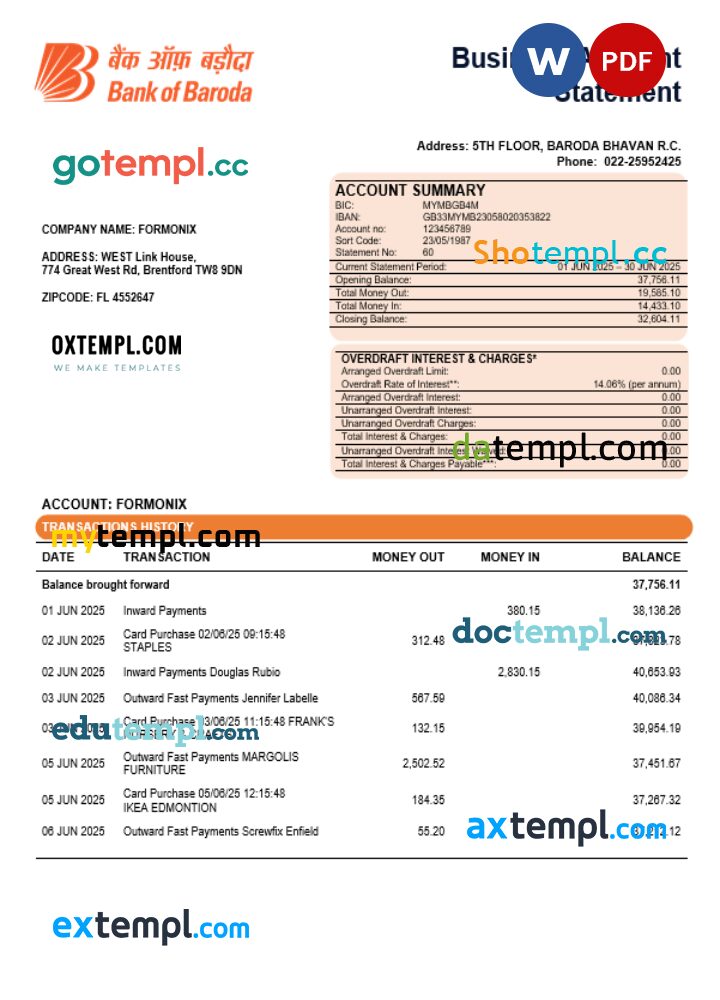 Bob Bank of Boroda bank organization checking account statement Word and PDF template Bob Bank of Boroda bank organization checking account statement Word and PDF template