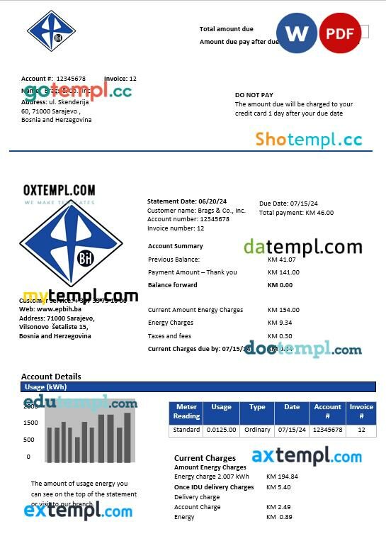 Bosnia and Herzegovina Elektroprivreda BiH electricity business utility bill template in Word and PDF format Bosnia and Herzegovina Elektroprivreda BiH electricity business utility bill template in Word and PDF format