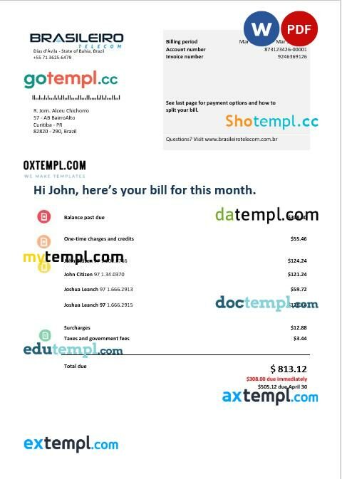 Brazil Braziliero Telecom business telecommunication bill template in Word and PDF format Brazil Braziliero Telecom business telecommunication bill template in Word and PDF format