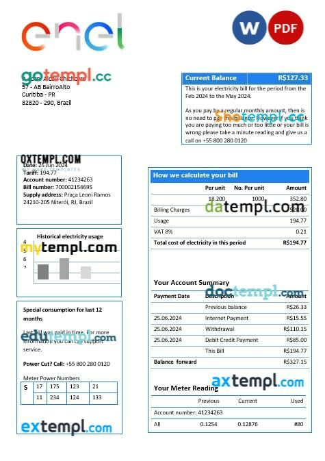 Brazil ENEL electricity business utility bill template in Word and PDF format Brazil ENEL electricity business utility bill template in Word and PDF format