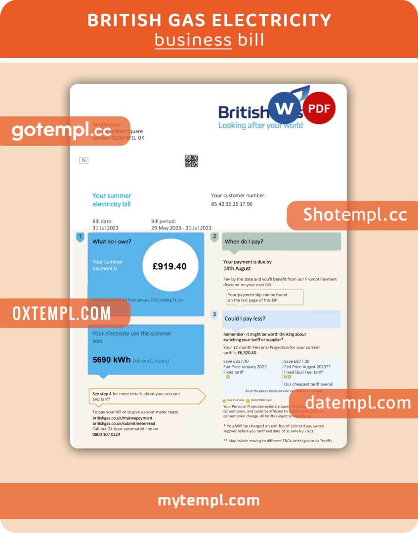 British gas electricity, utility business bill template in Word and PDF format British gas electricity, utility business bill template in Word and PDF format