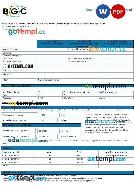 Brunei Gas Carriers gas business utility bill template in Word and PDF format Brunei Gas Carriers gas business utility bill template in Word and PDF format