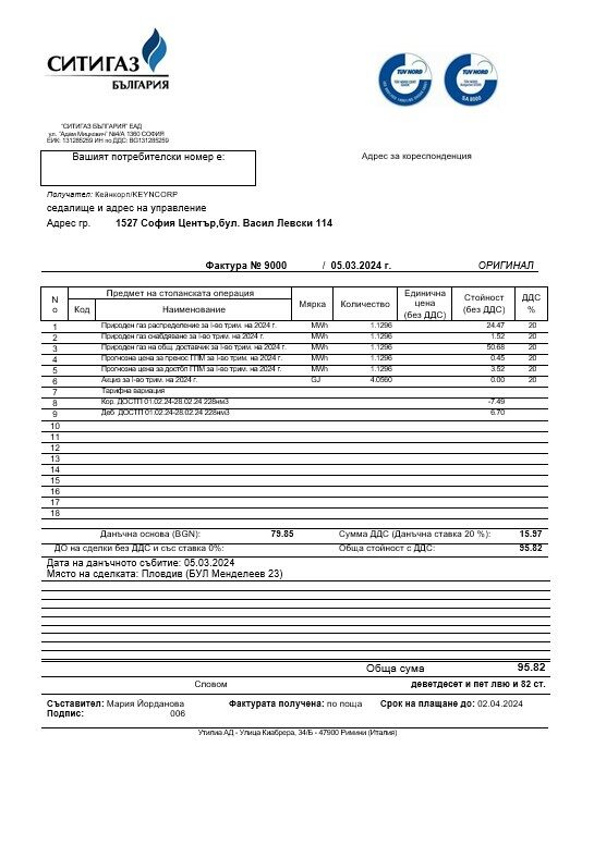 Bulgary Ситигаз gas business utility bill template in Word and PDF format Bulgary Ситигаз gas business utility bill template in Word and PDF format