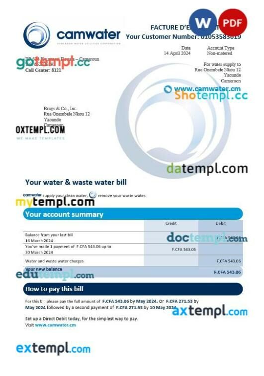 Cameroon Camwater business utility bill template in Word and PDF format Cameroon Camwater business utility bill template in Word and PDF format