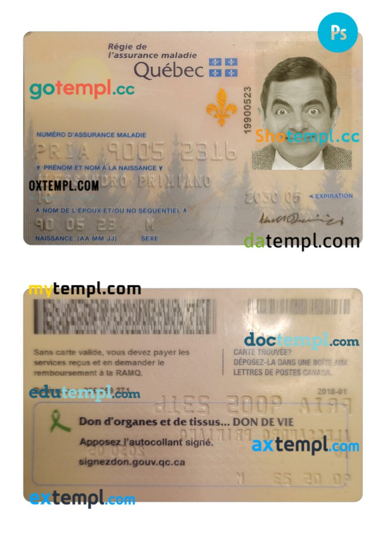 Canada Quebec health insurance card template in PSD format Canada Quebec health insurance card template in PSD format