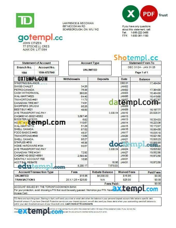 Canada TD Canada Trust bank statement template in Excel and PDF formats Canada TD Canada Trust bank statement template in Excel and PDF formats